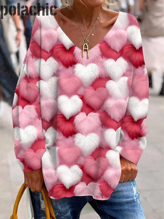 Valentine’s Fourrure Coeur Imprimer À La Mode Col En V Pull Décontracté Lâche Manches Longues