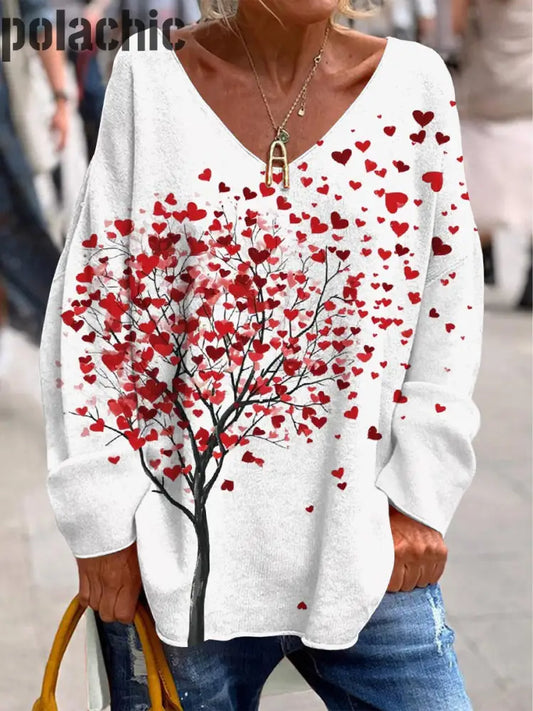 Valentine’s Love Flower Tree Imprimer À La Mode Col En V Pull Décontracté Lâche Haut Manches