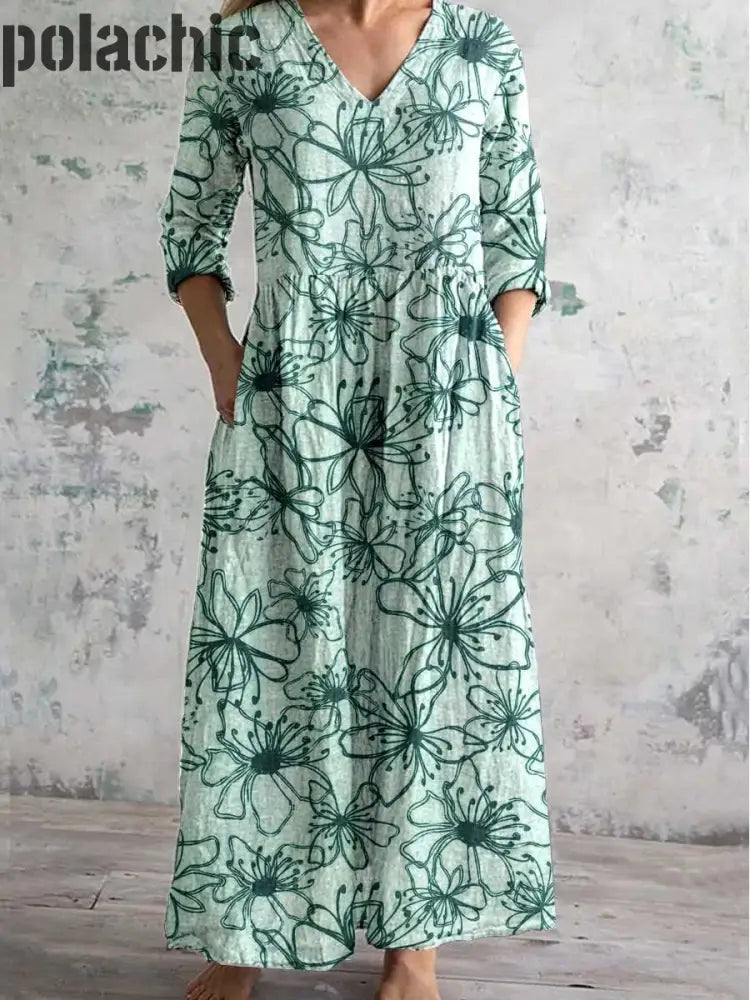 Vert Floral Art Print Chic Col En V À Manches Longues Élégant Midi Dress