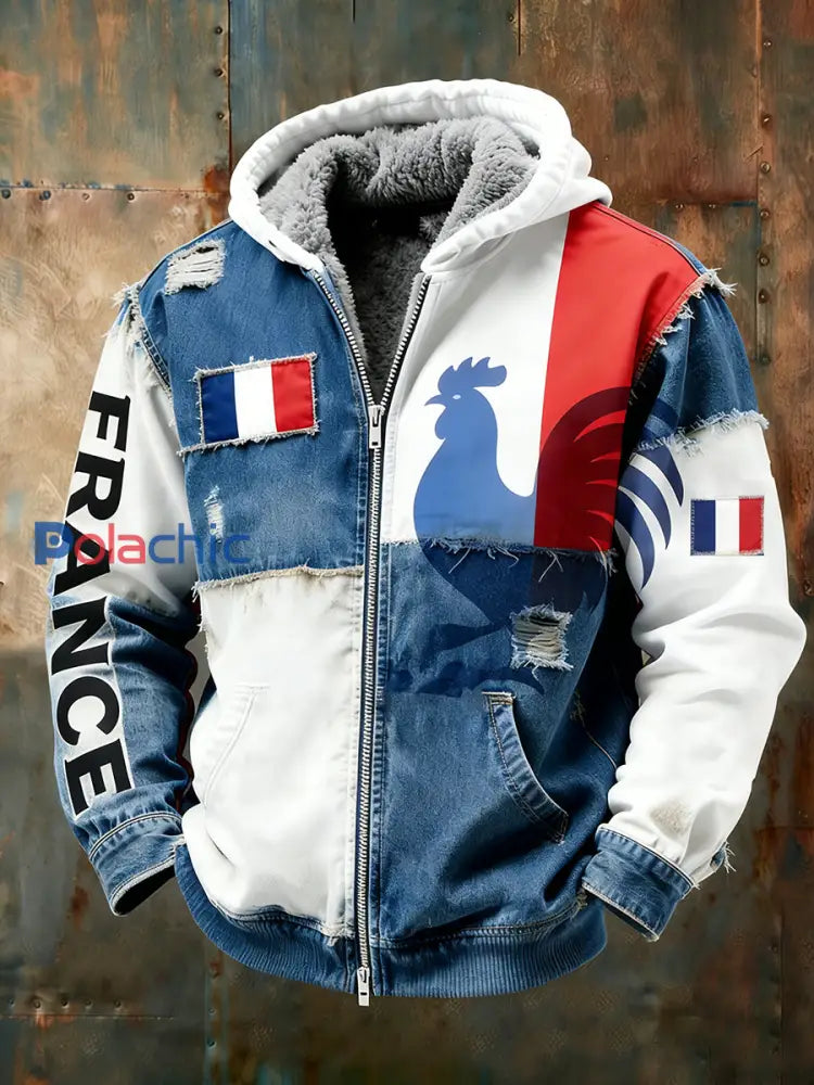 Veste à capuche doublée polaire pour homme emblème du drapeau français vintage A / S