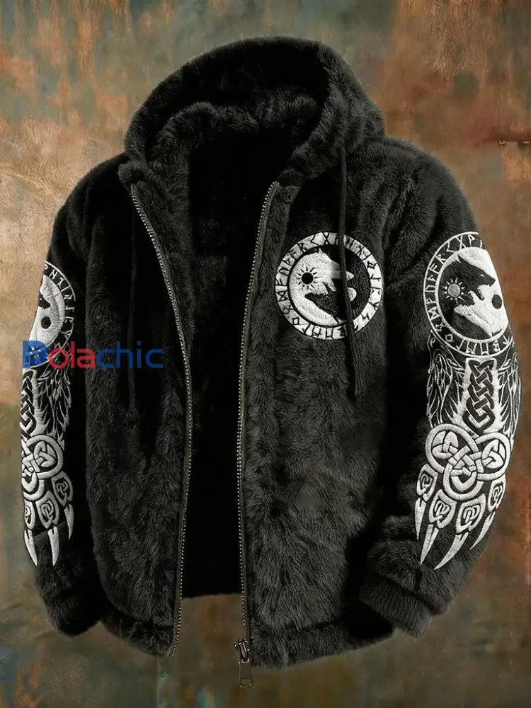 Veste à capuche à fermeture éclair en flanelle pour homme Viking Celtic Knot Wolf Noir / S