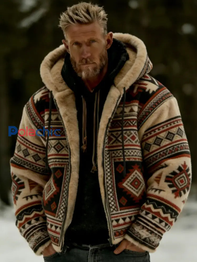 Veste à capuche à glissière chaude en peluche pour homme Winter Aztecs Geometric Art Kaki / S