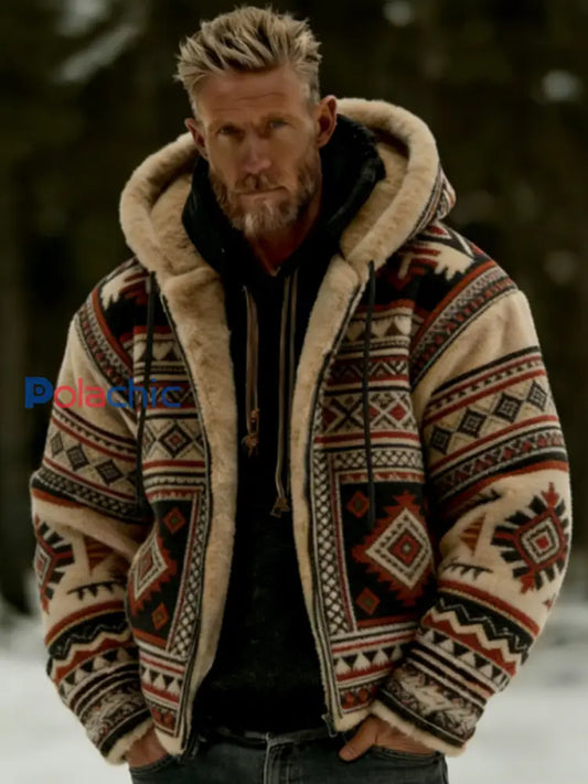 Veste à capuche à glissière chaude en peluche pour homme Winter Aztecs Geometric Art Kaki / S