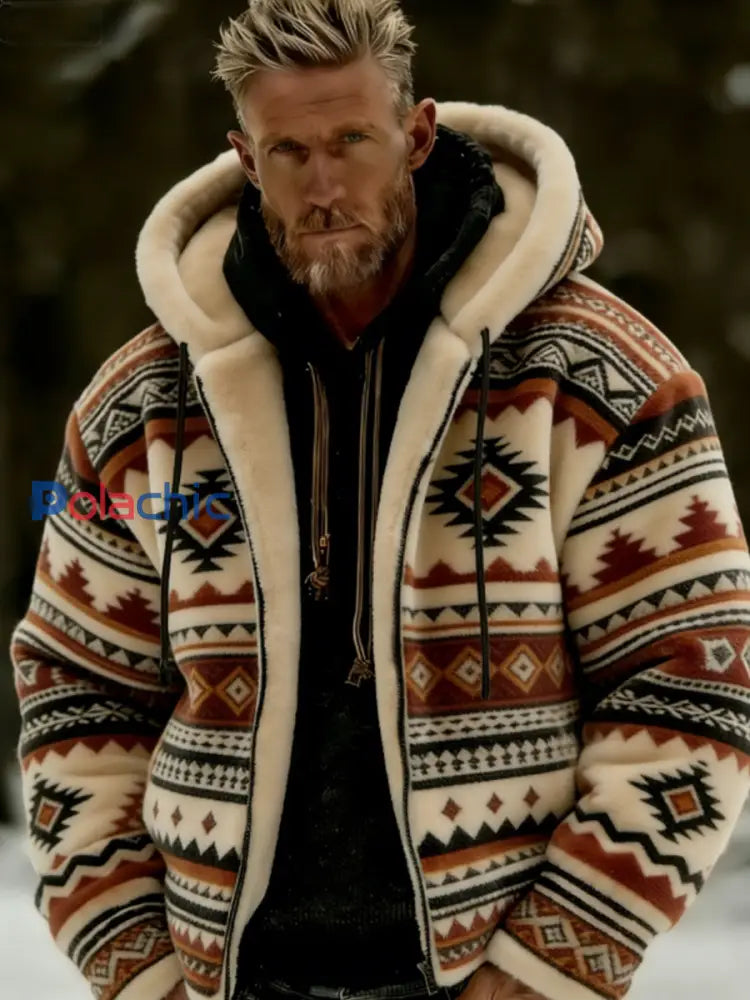 Veste à capuche à glissière chaude en peluche pour homme Winter Aztecs Geometric Art Kaki / S