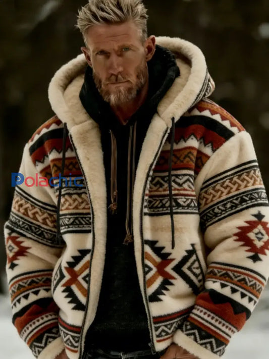 Veste à capuche à glissière chaude en peluche pour homme Winter Aztecs Geometric Art Kaki / S