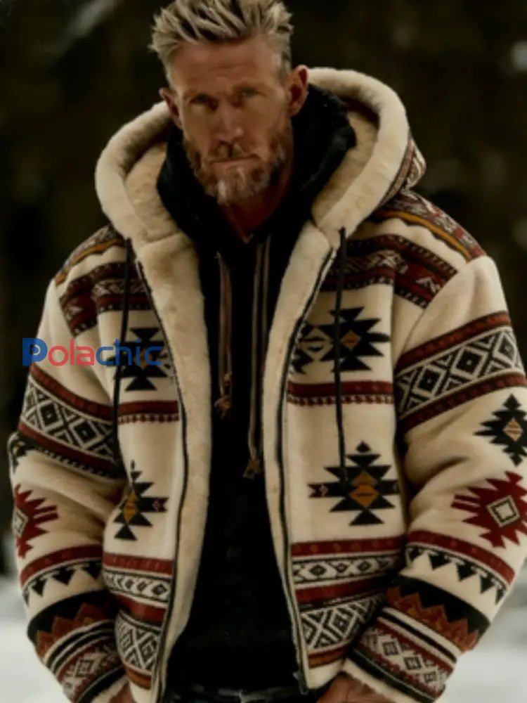 Veste à capuche à glissière chaude en peluche pour homme Winter Aztecs Geometric Art Kaki / S