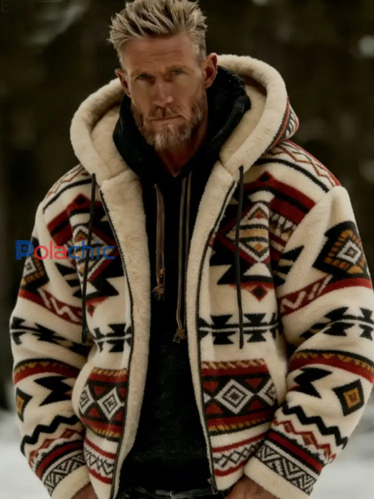 Veste à capuche à glissière chaude en peluche pour homme Winter Aztecs Geometric Art Kaki / S