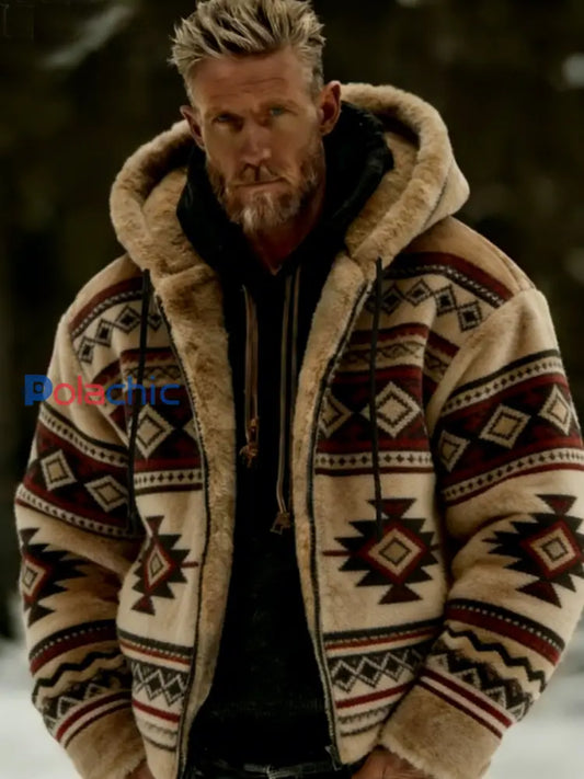 Veste à capuche à glissière chaude en peluche pour homme Winter Aztecs Geometric Art Kaki / S