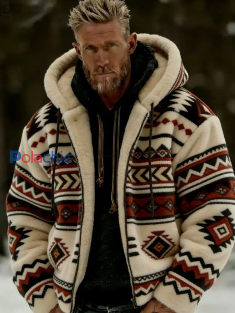 Veste à capuche à glissière chaude en peluche pour homme Winter Aztecs Geometric Art Kaki / S