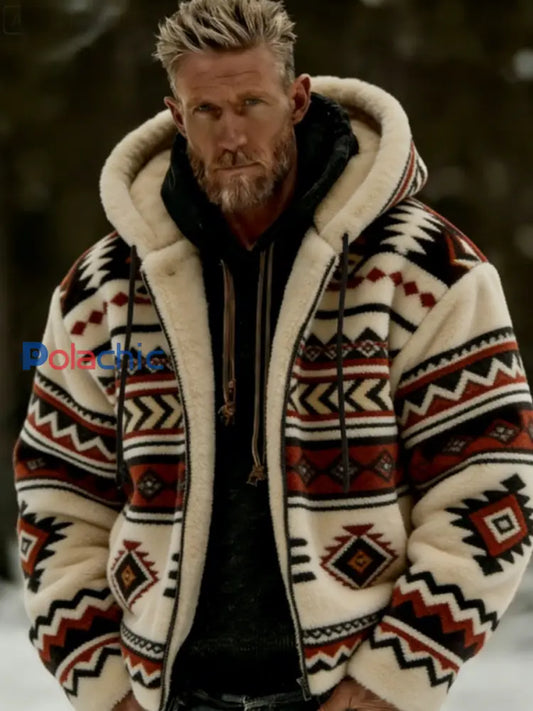 Veste à capuche à glissière chaude en peluche pour homme Winter Aztecs Geometric Art Kaki / S