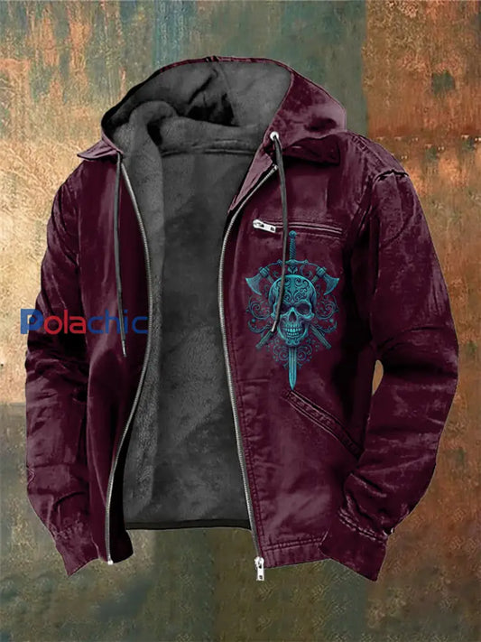 Veste à capuche à manches longues imprimée Viking Skull pour homme Rouge-Brun / S