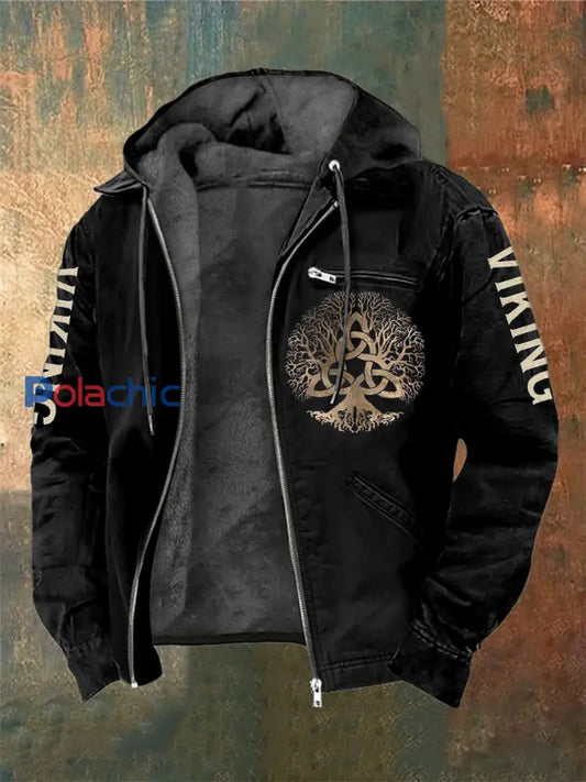 Veste à capuche à manches longues imprimée Viking Tree pour hommes Noir / S