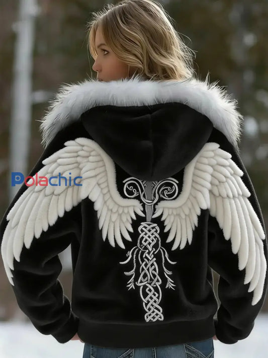 Veste à capuche rétro Viking Nordic Wings pour femme avec noeud celtique Noir / S