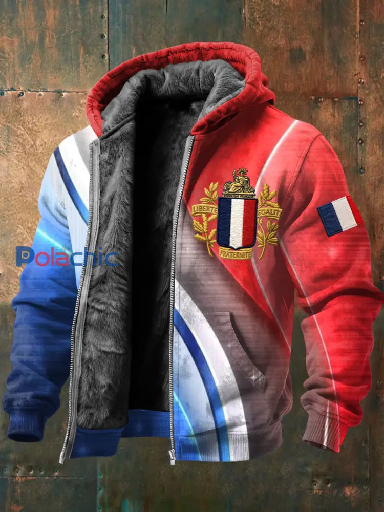 Veste à capuche texturée avec doublure en molleton et emblème du drapeau français rétro Multicolore / S