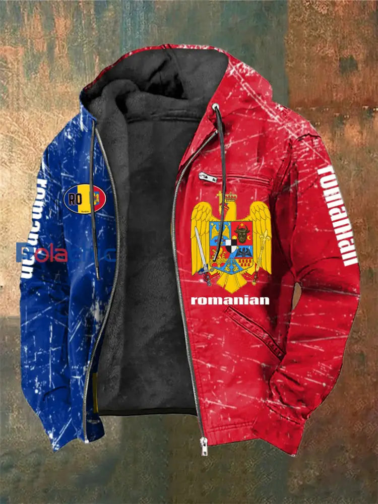 Veste à capuchon à manches longues imprimée drapeau roumain pour hommes Rouge / S