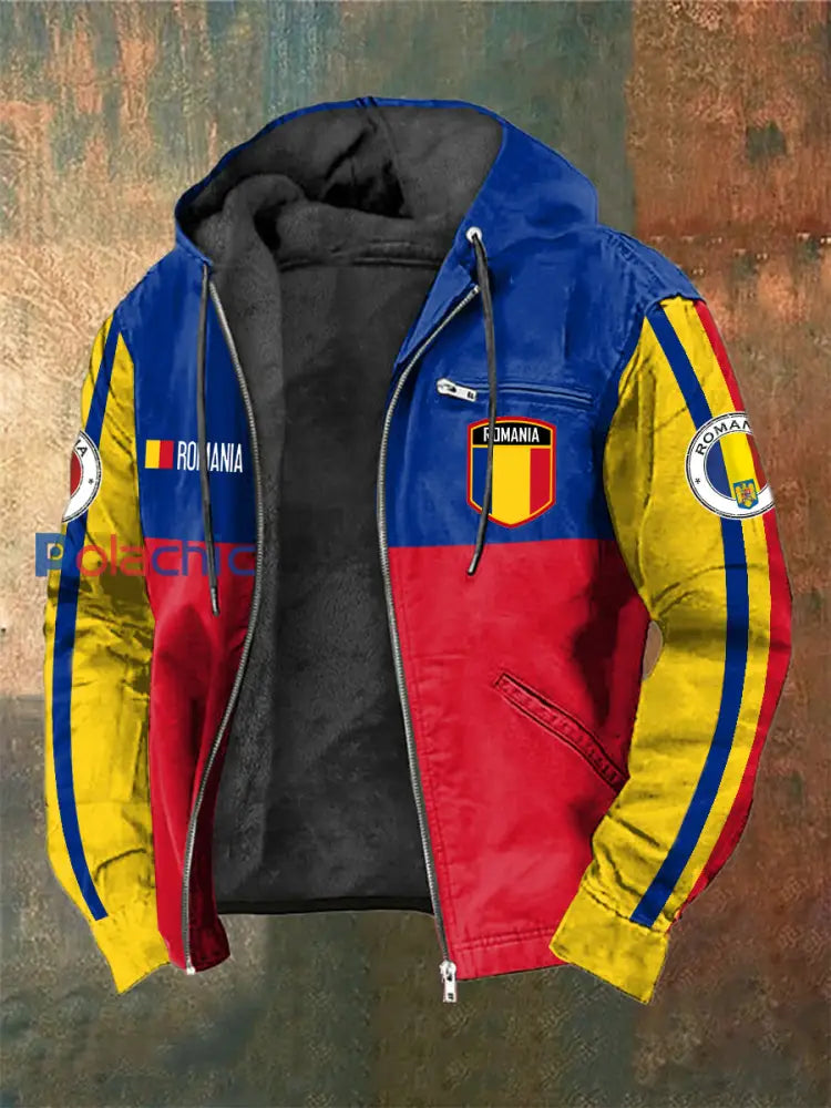 Veste à capuchon à manches longues imprimée drapeau roumain pour hommes Rouge / S