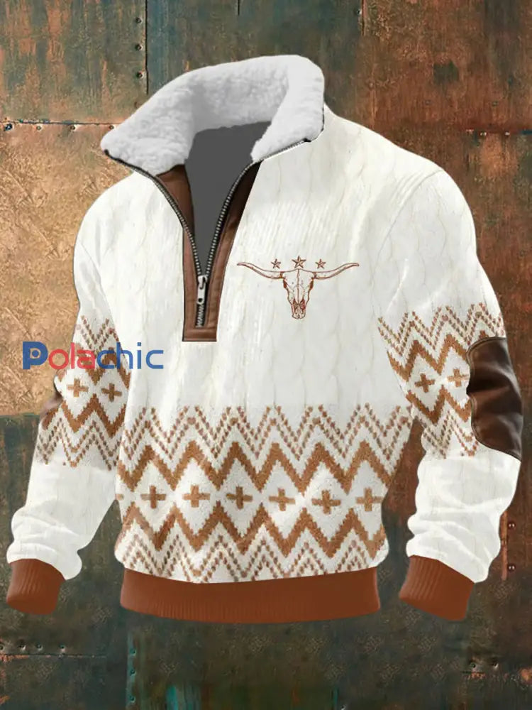 Veste à fermeture éclair à col en fourrure à imprimé rétro pour hommes comme image / S