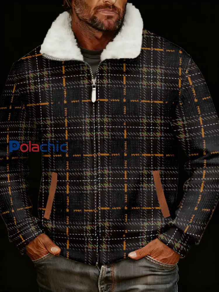 Veste à glissière rétro à col en fourrure pour hommes Noir / S