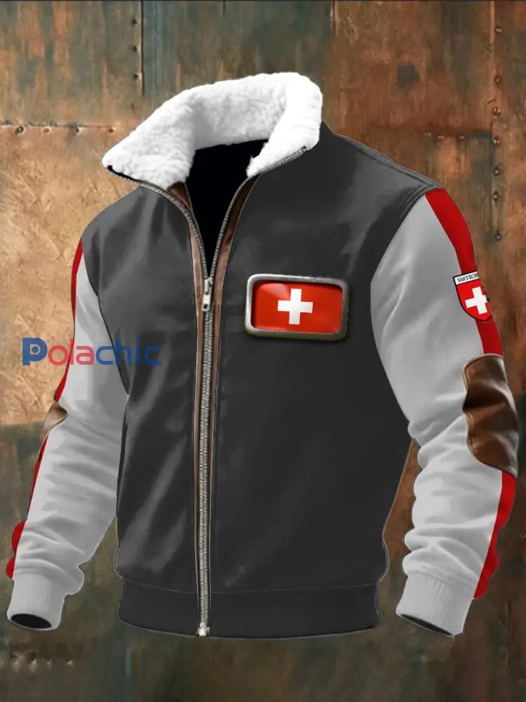 Veste blanche en patchwork avec logo imprimé drapeau suisse pour hommes Noir / S