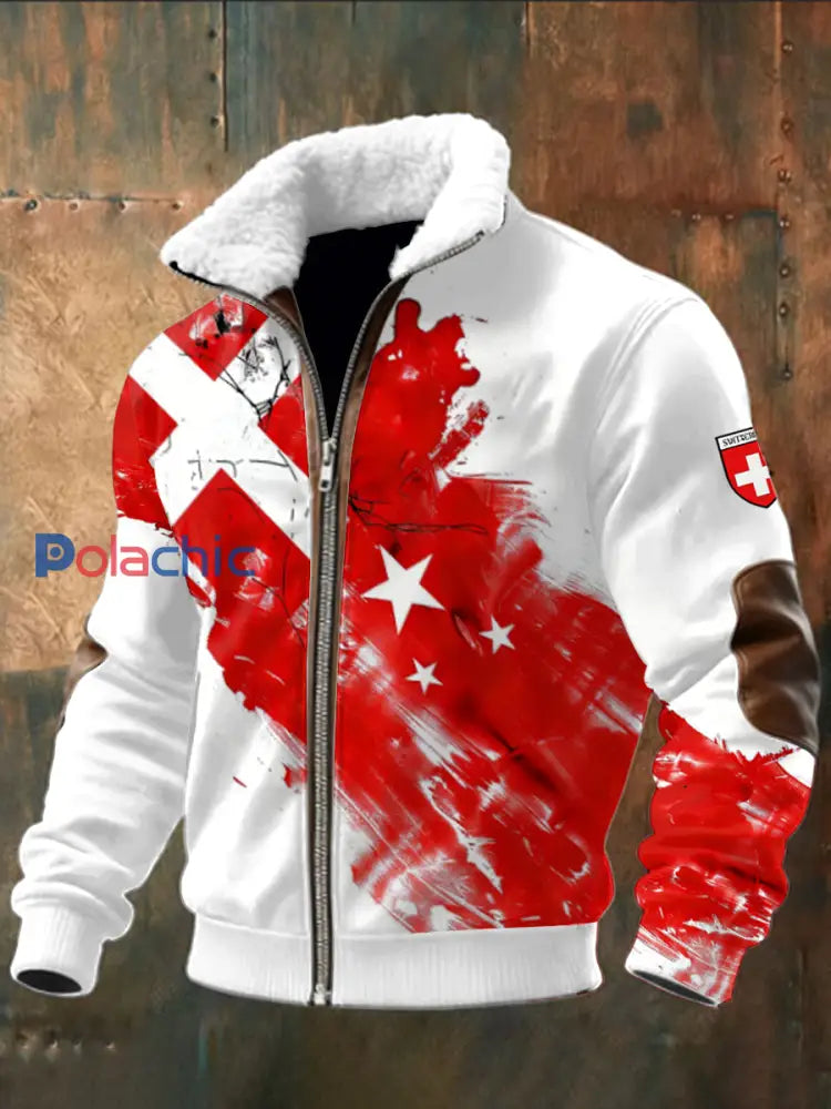 Veste blanche en patchwork imprimé drapeau suisse pour hommes Blanc / S