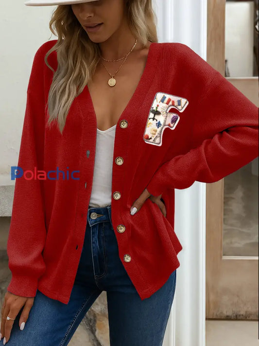 Veste Cardigan Femme Rouge Brodée Française Rouge / S