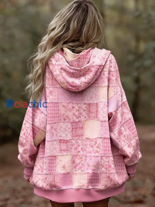 Veste cardigan patchwork floral à carreaux sensibilisation au cancer du sein pour femmes Rose / S