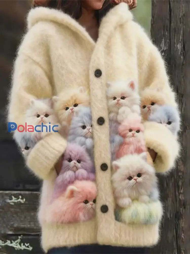 Veste chaude en flanelle à imprimé chat animal pour femmes abricot / S
