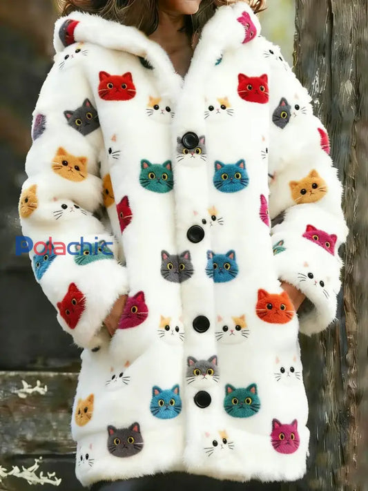Veste chaude en flanelle à imprimé chat animal pour femmes Blanc / S