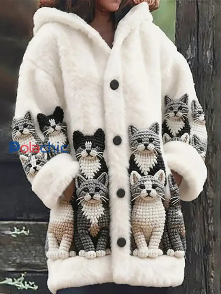 Veste chaude en flanelle à imprimé chat animal pour femmes Blanc / S