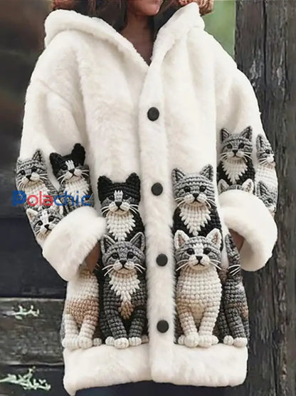 Veste chaude en flanelle à imprimé chat animal pour femmes Blanc / S