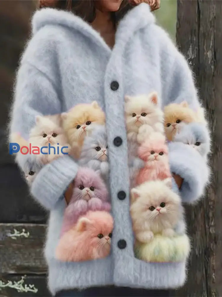 Veste chaude en flanelle à imprimé chat animal pour femmes bleu clair / S