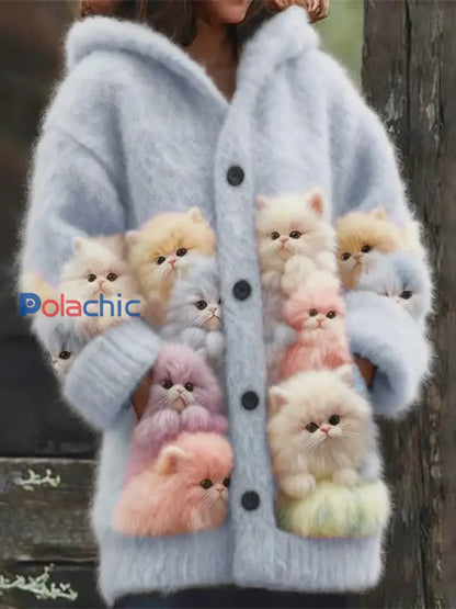 Veste chaude en flanelle à imprimé chat animal pour femmes bleu clair / S