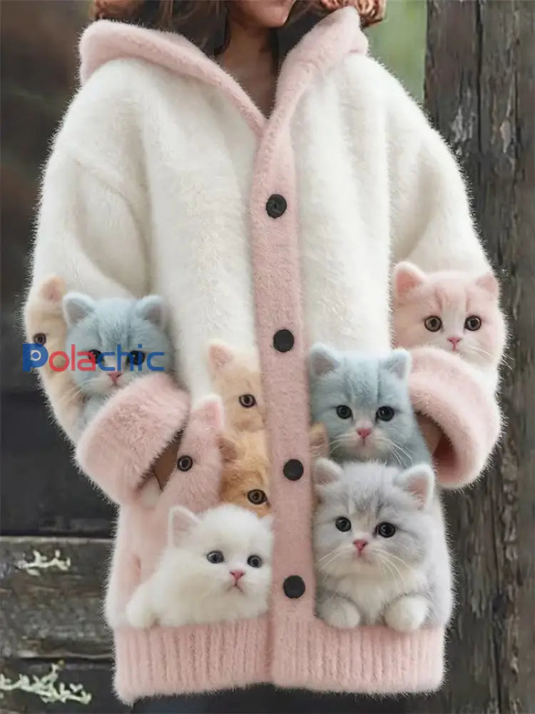Veste chaude en flanelle à imprimé chat animal pour femmes comme image / S