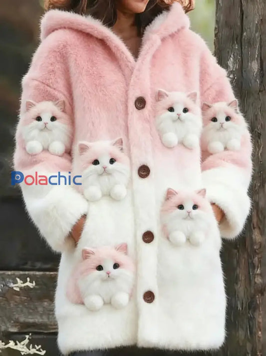 Veste chaude en flanelle à imprimé chat animal pour femmes comme image / S