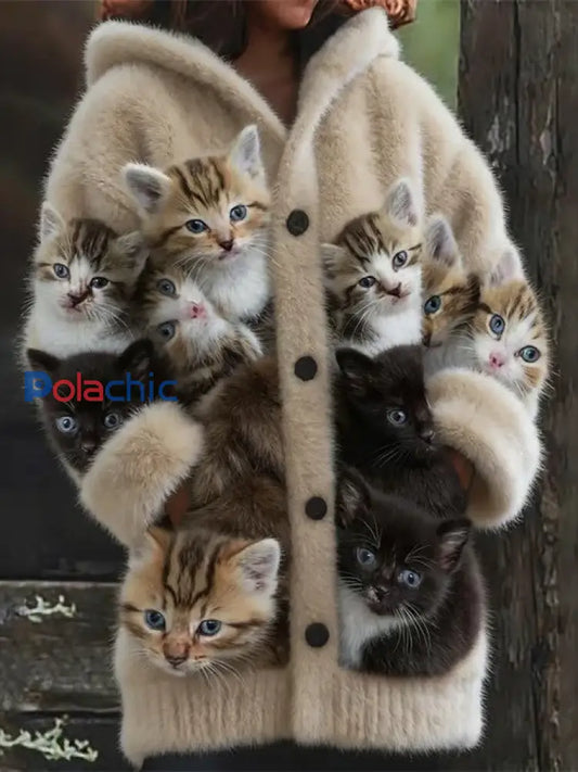 Veste chaude en flanelle à imprimé chat animal pour femmes comme image / S