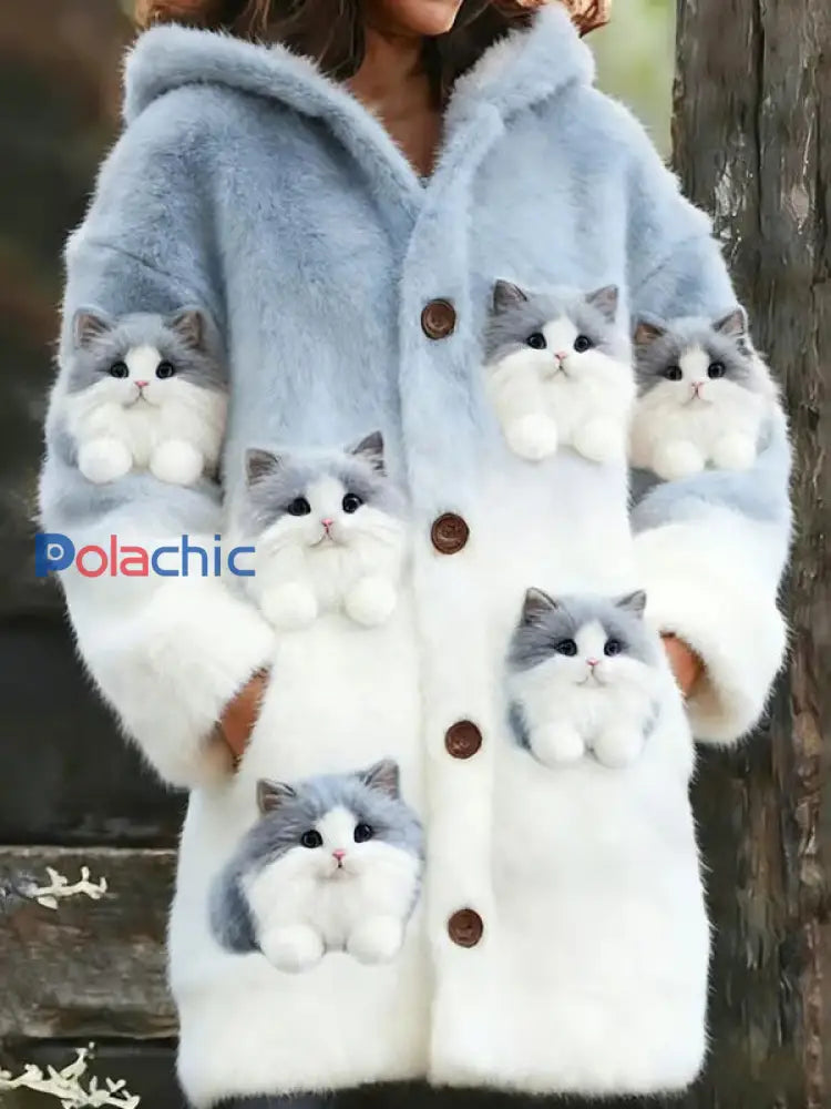 Veste chaude en flanelle à imprimé chat animal pour femmes comme image / S