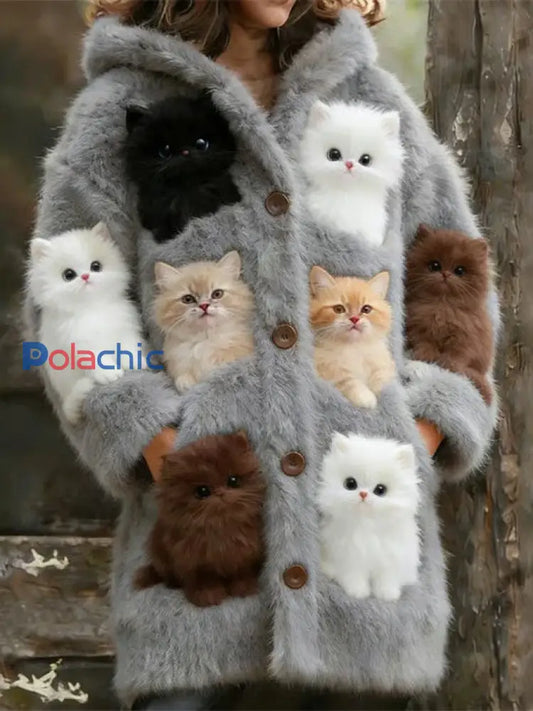 Veste chaude en flanelle à imprimé chat animal pour femmes comme image / S