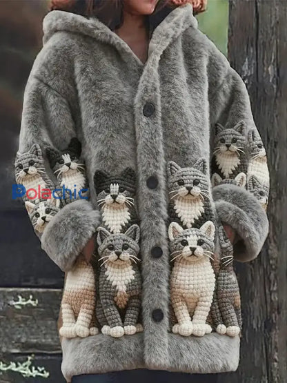 Veste chaude en flanelle à imprimé chat animal pour femmes Gris / S