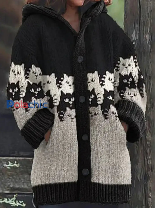 Veste chaude en flanelle à imprimé chat animal pour femmes Noir / S