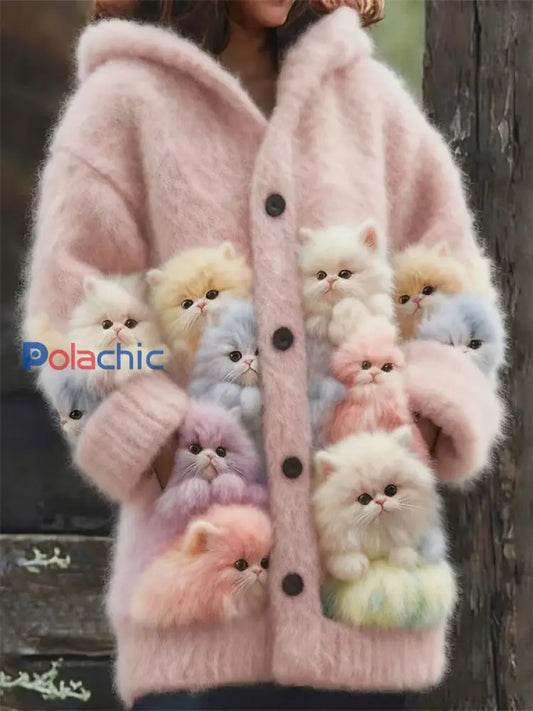 Veste chaude en flanelle à imprimé chat animal pour femmes rose / S