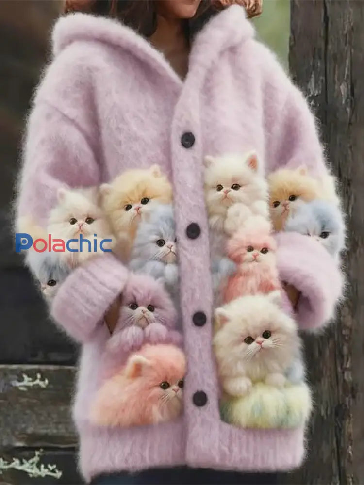 Veste chaude en flanelle à imprimé chat animal pour femmes violet clair / S