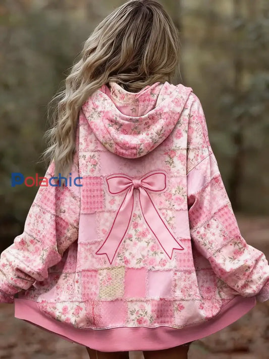 Veste de cardigan patchwork d’arc floral de plaid de conscience de cancer du sein des femmes Rose / S
