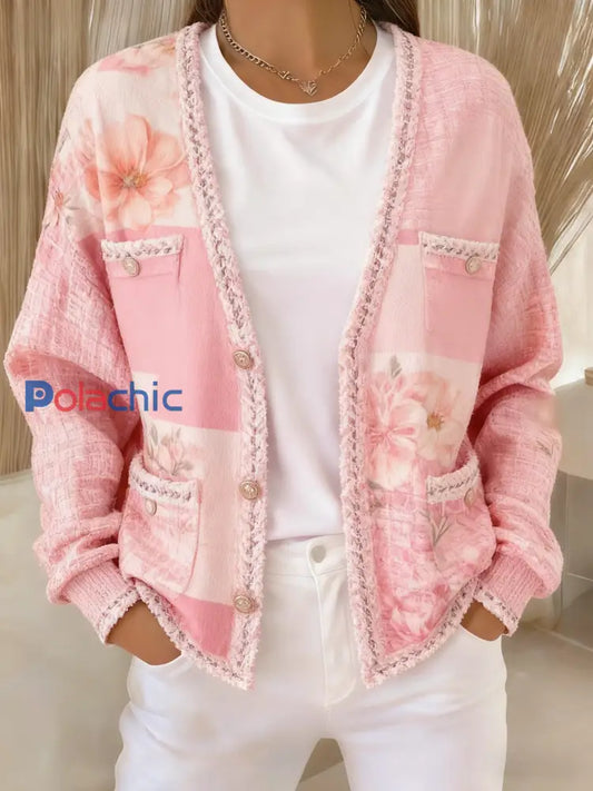 Veste de poche en tricot style cardigan thème floral cancer du sein rétro Rose / S