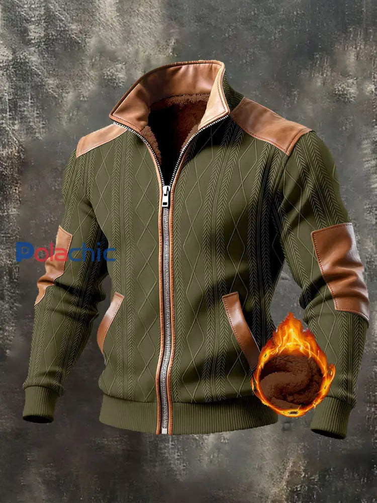 Veste d’extérieur chaude rétro texturée pour hommes vert d’armée / S