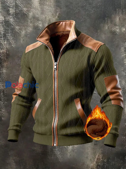 Veste d’extérieur chaude rétro texturée pour hommes vert d’armée / S