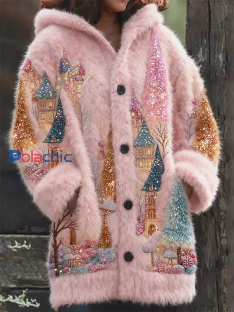 Veste en peluche décontractée à imprimé arbre de Noël pour femmes Rose / S