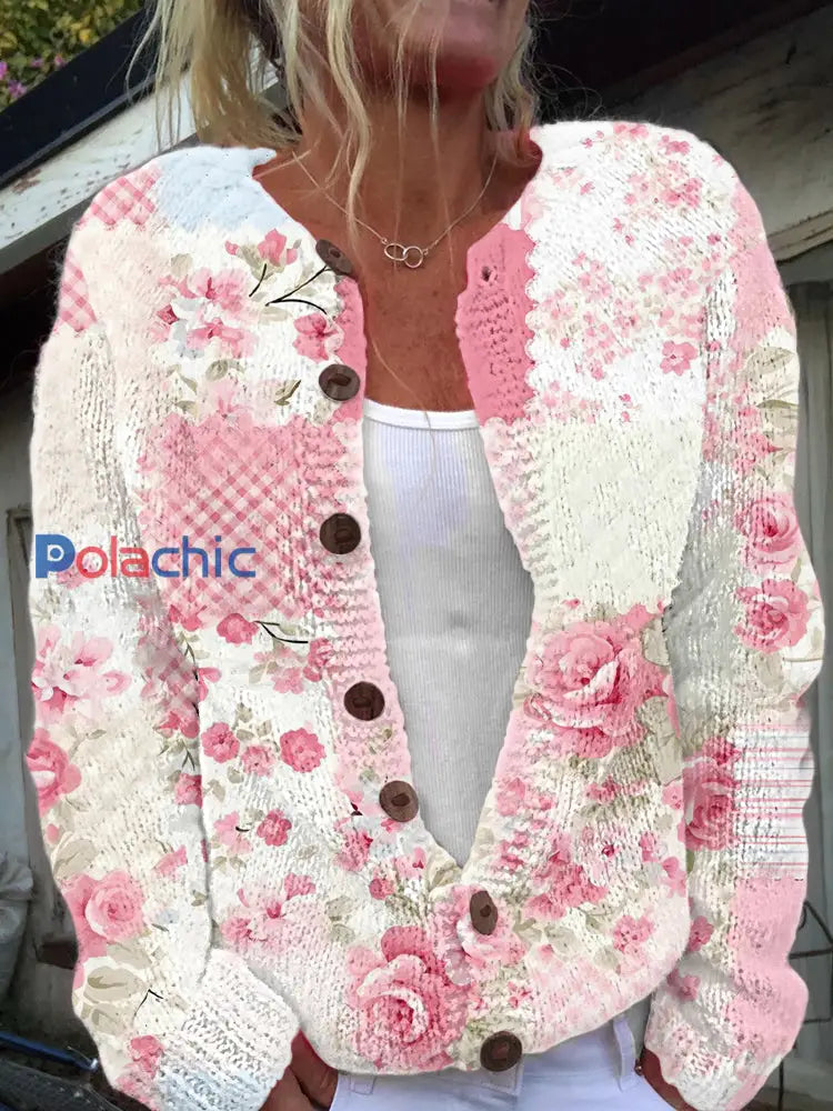 Veste Femme Rose Imprimé Floral En Tricot Style Cardigan comme image / S