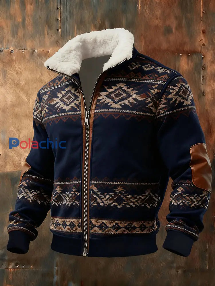 Veste rétro à col en fourrure Western Homme Bleu Marine / S