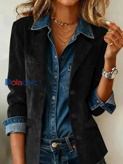Veste vintage de couleur unie de style occidental pour femmes Noir / S