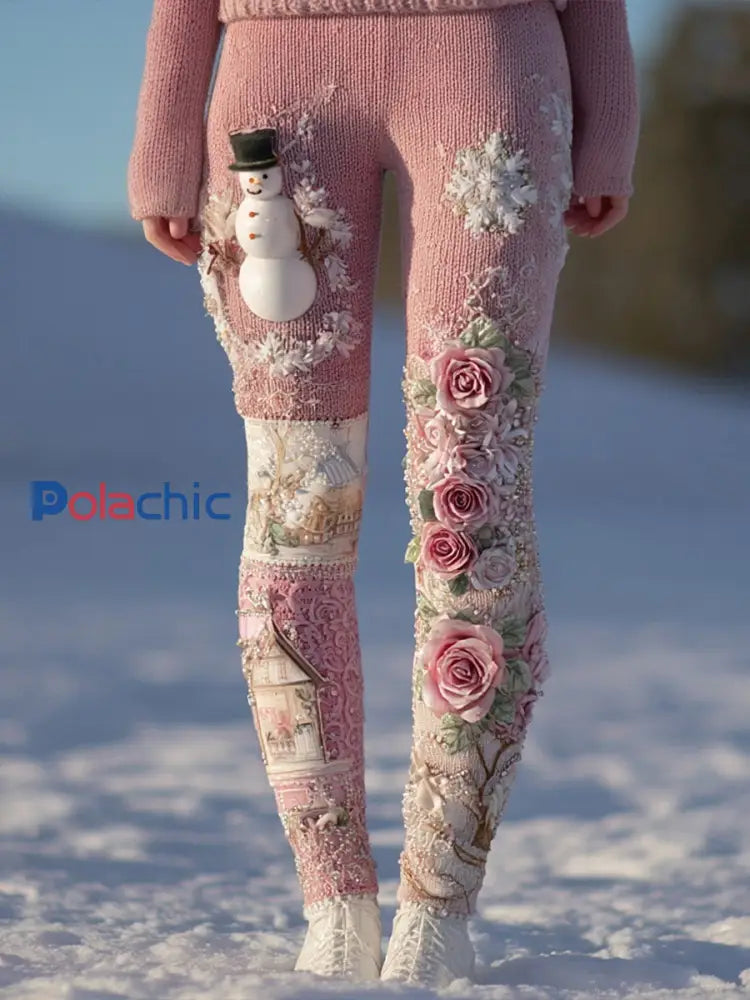 Vêtements de Noël pour femmes cancer du sein leggings floraux et bonhomme de neige rose Rose / S